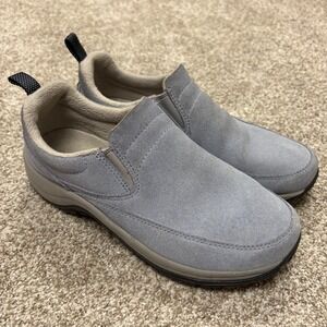 LL Bean Slip On Moc Loafer Womens 8 Light Blue Suede Fleece Lined Comfort Shoes